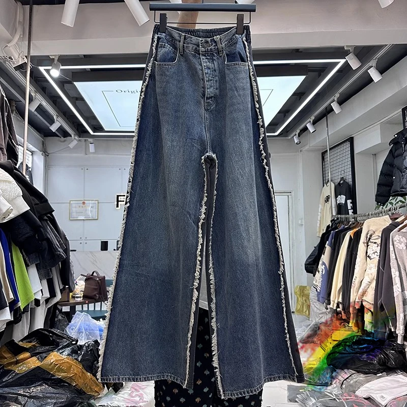

2023fw Patchwork Blue Jeans Men Women Best Quality Washed Oversize Denim Trouser