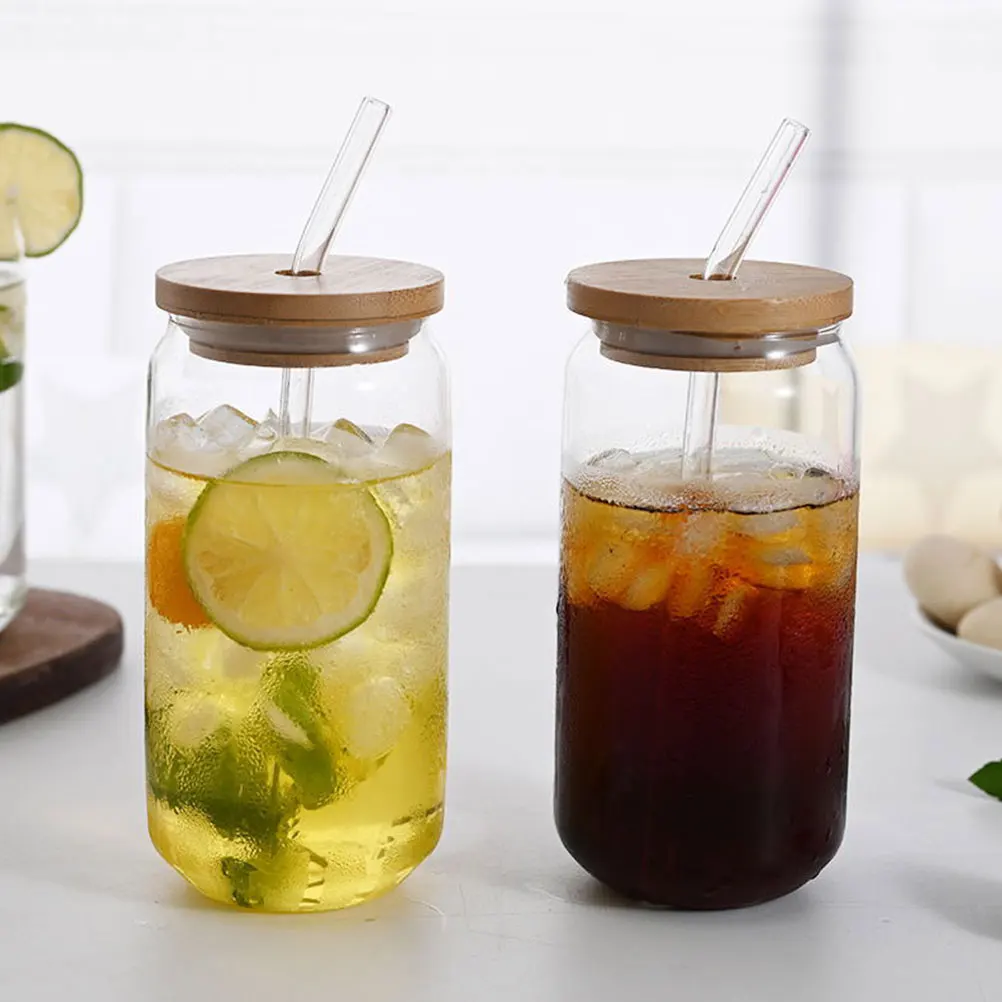 

2pcs Glass Drinking Cups With Lids Heat Resistant Beverage Juice Cups Transparent Household Cold Iced Tea Coffee