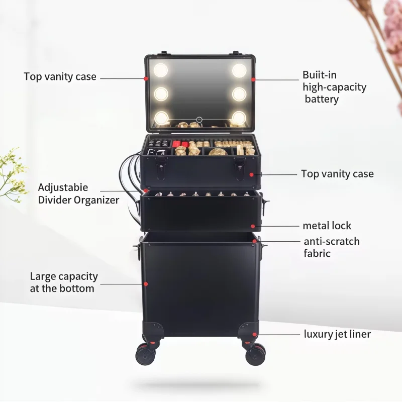 Professional Makeup case with LED light large capacity with mirror cosmetic storage box nail art embroidery toolbox