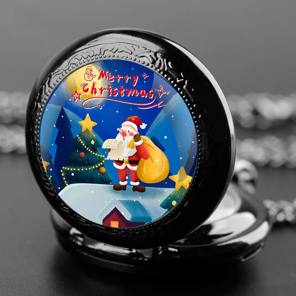 Merry Christmas Handmade Glass Dome Quartz Pocket Watch With Durable Chain Arabic Numeral Dial Extraordinary Gifts for Men Kids