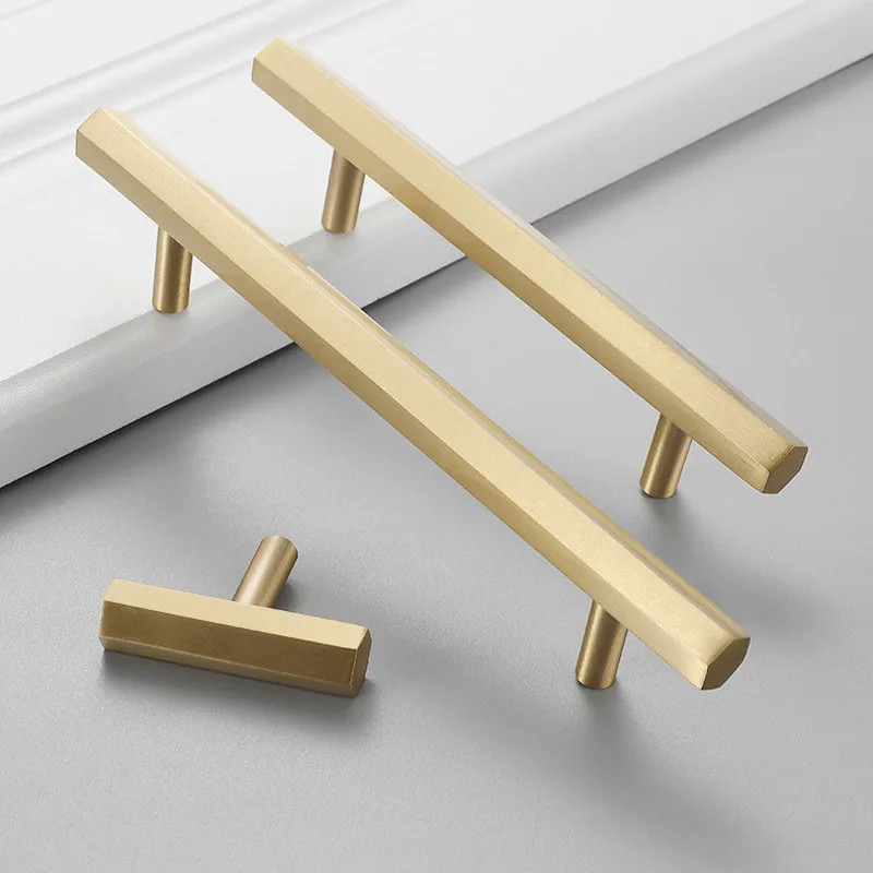 

Hexagon Solid Brushed Brass Furniture Handles Cabinet Knobs T bar Kitchen Wardrobe Appliance Pull