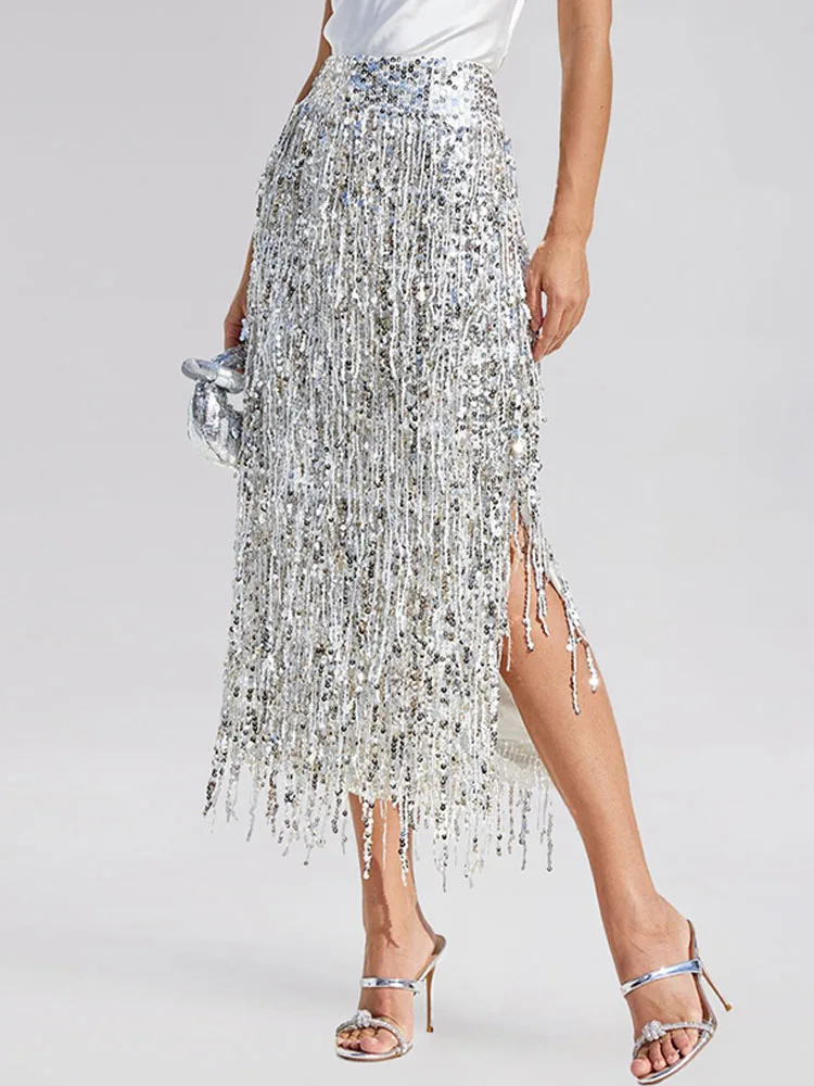 BKQU Glitter Tassel Sequins Evening Skirts Women High Waist Elegant Slim Split Straight Midi Skirt 2026 Spring Temperament Party