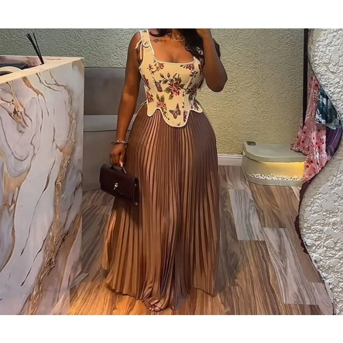 Women's Two 2 Piece Set Floral Print Waist-cinching Sleeveless Vest +Pleated Long Skirts Suit Summer 2025 Party Evening Outfit