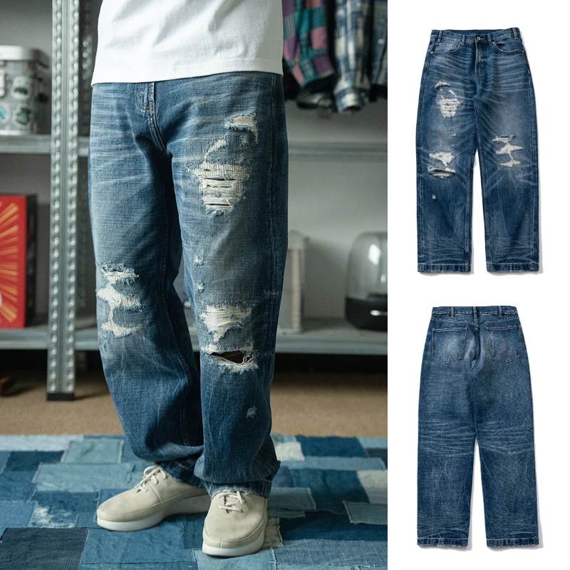 

Japanese Washed Damaged Cut Cat Whiskers Textured Straight Tube Patches Ripped Holes Jeans Trendy Loose Men's Pants Trendy