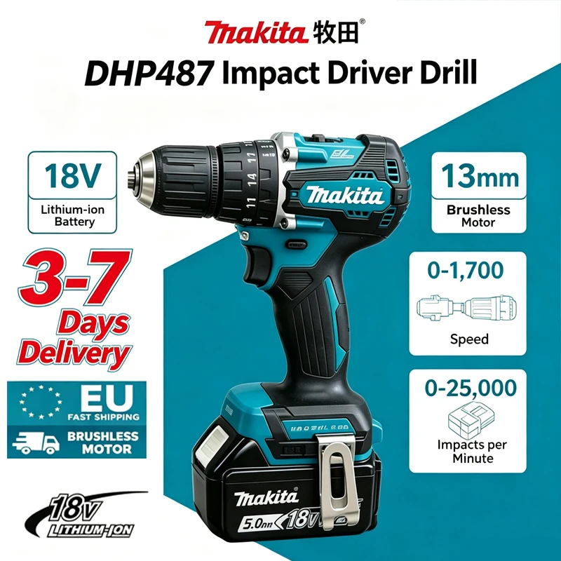 Batteria originale Makita 18V 6Ah Dhp487 100% autentica, avvitatore a impulsi elettrico con motore brushless 18V, utensile elettrico ricaricabile