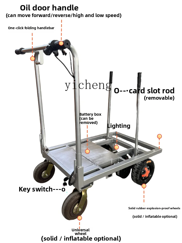 r8.17- electric trolley flat truck pulling tile truck construction site into the elevator foldable trolley