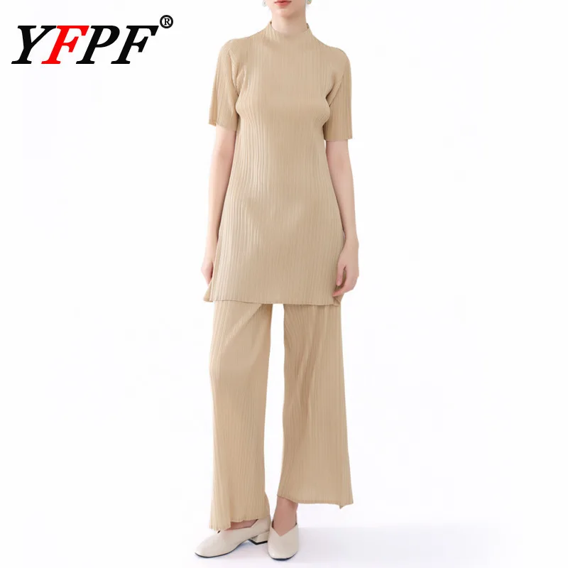 

YFPF повседневный плиссированный женский комплект Miyake, однотонная блузка с короткими рукавами, топы, широкие брюки, модная одежда 2026, новая одежда