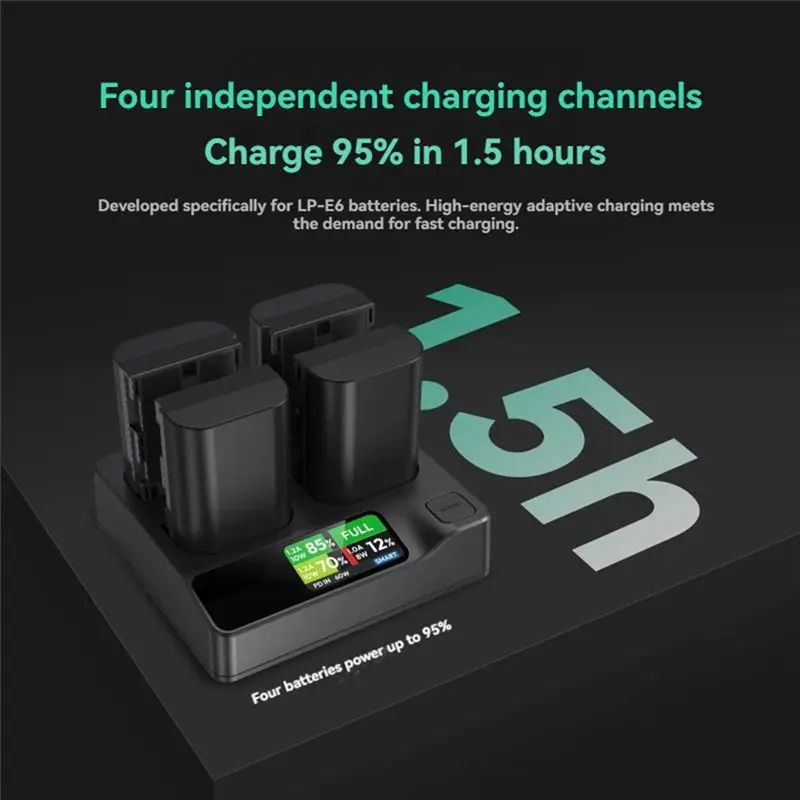 ABGI Battery for Canon LP-E6, 4-Slot Fast for Canon R5 R6 R7 5D Mark II with Real-Time Power Detection