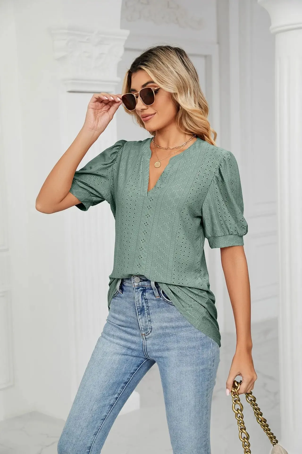 Womens Tops Summer V Neck Ruffle Sleeve Blouses Short 2024 Spring Sleeve Casual Tops T-Shirts for Women