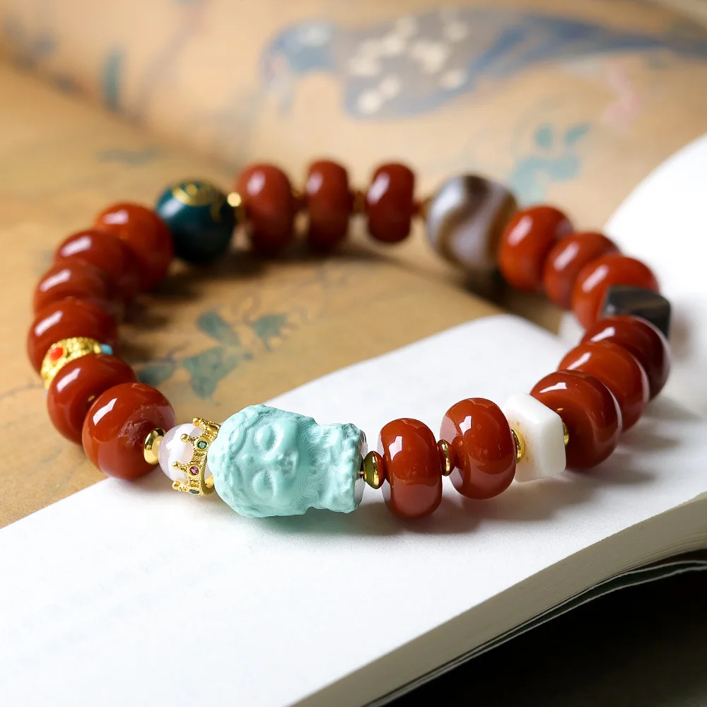 Women's Bracelet with Southern Red Agate Disc Beads Magnesite Turquoise Guru Beads and Tiger Tooth Dzi Beads Gifts