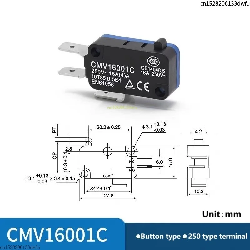 Electric Small Micro Motion Travel Switch CMV16001C Self Reset 16A Button 250 Terminal Connector
