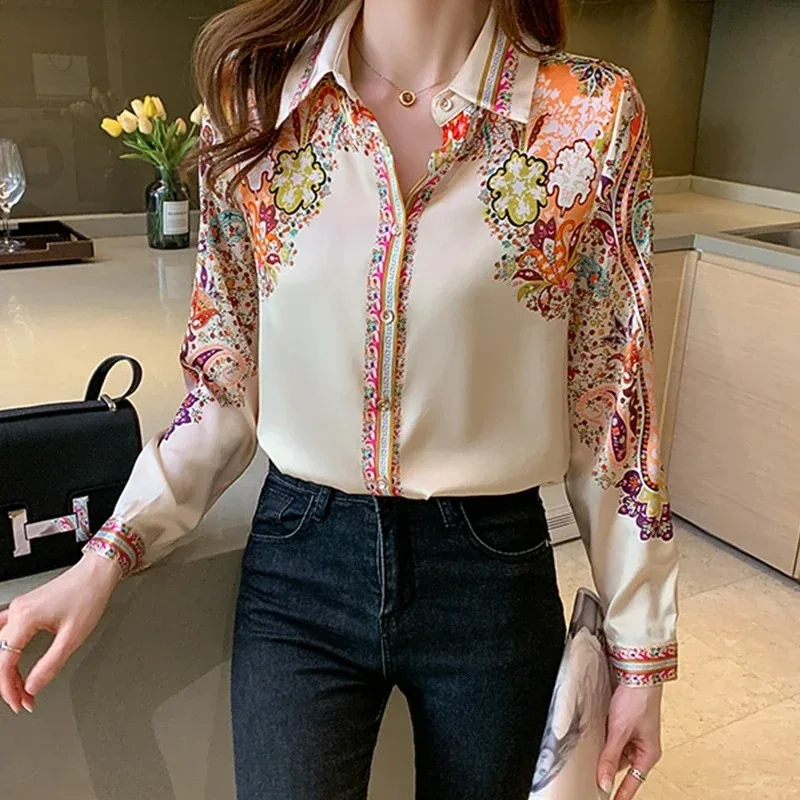 Fashion Floral Print Blouse Autumn Long Sleeve Silk Women Clothes Spring Satin Shirt Elegant Office Lady Tops Blusas Mujer 18440