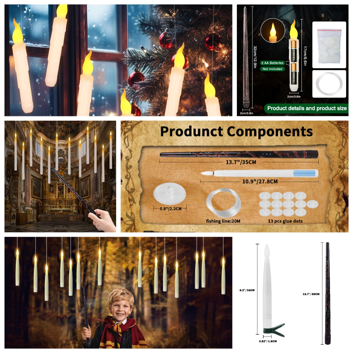 شموع عائمة LED للهالوين مع عصا سحرية تعمل بالبطارية عن بعد، شموع بوتر العائمة، ضوء دافئ لتزيين حفلات المنزل