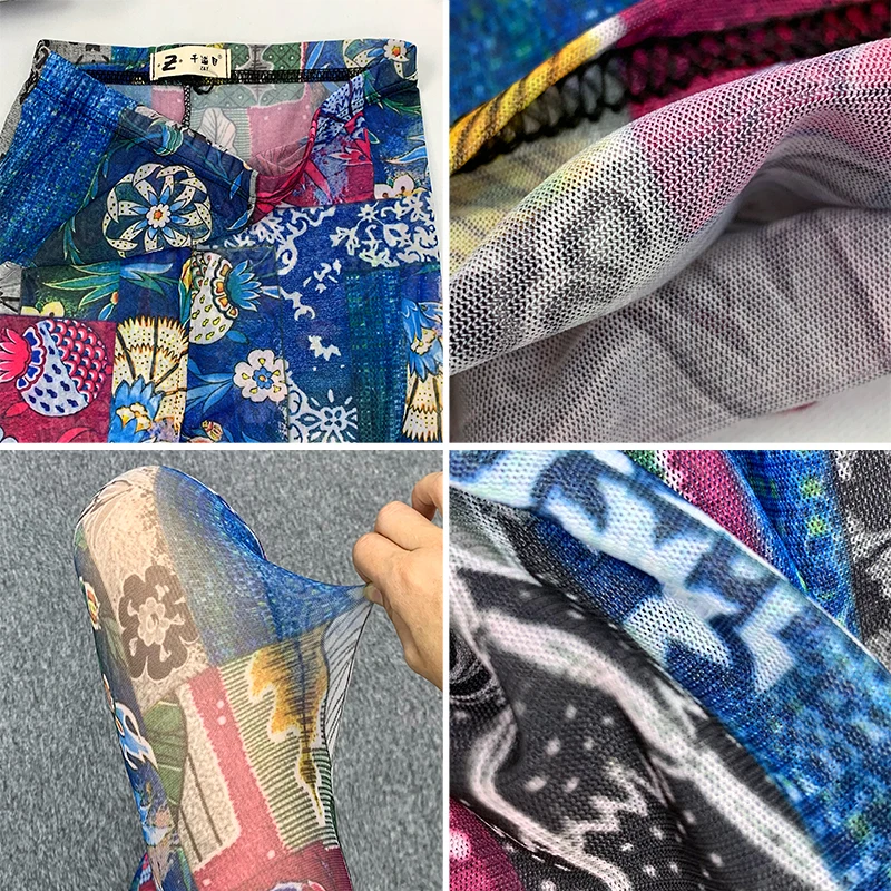 Leggings estivi da donna con decorazioni sottili in rete prospettiva elastica pantaloni stampati bohémien collant da yoga stile gotico abbigliamento sportivo