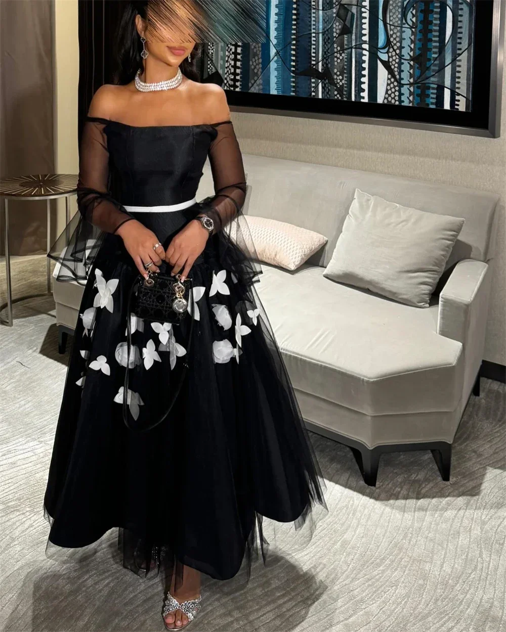 Evening Gown Prom Dress Strapless A-line Anke Length Ribbon Skirts Flower Pearl Saudi Arabia Formal Saud