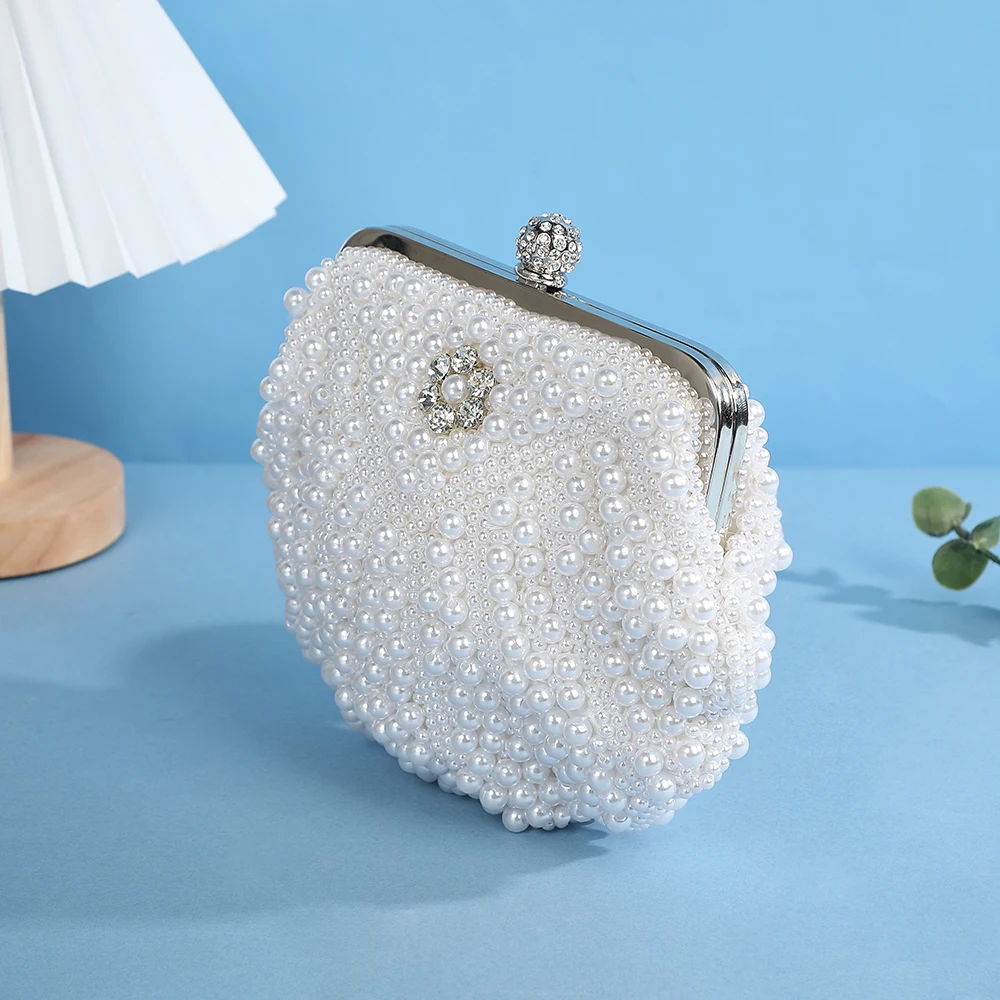 Luxury Wedding Pearl Purse shell Evening Handbag, Women Pearl Evening bag Cascading Beaded Rhinestone Fancy clutch purse