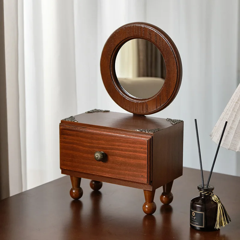 HYS wooden desktop makeup mirror storage box retro vanity mirror storage gift