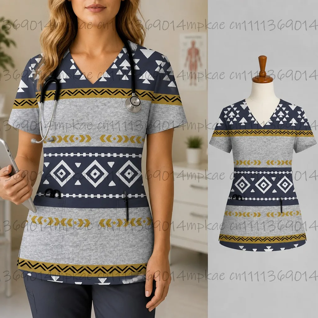 New Women's V-Neck Pocket Short-Sleeve Frosted T-Shirt, Beauty Salon Frosted Top, Geometric Print Women's Work T-Shirt - view 5