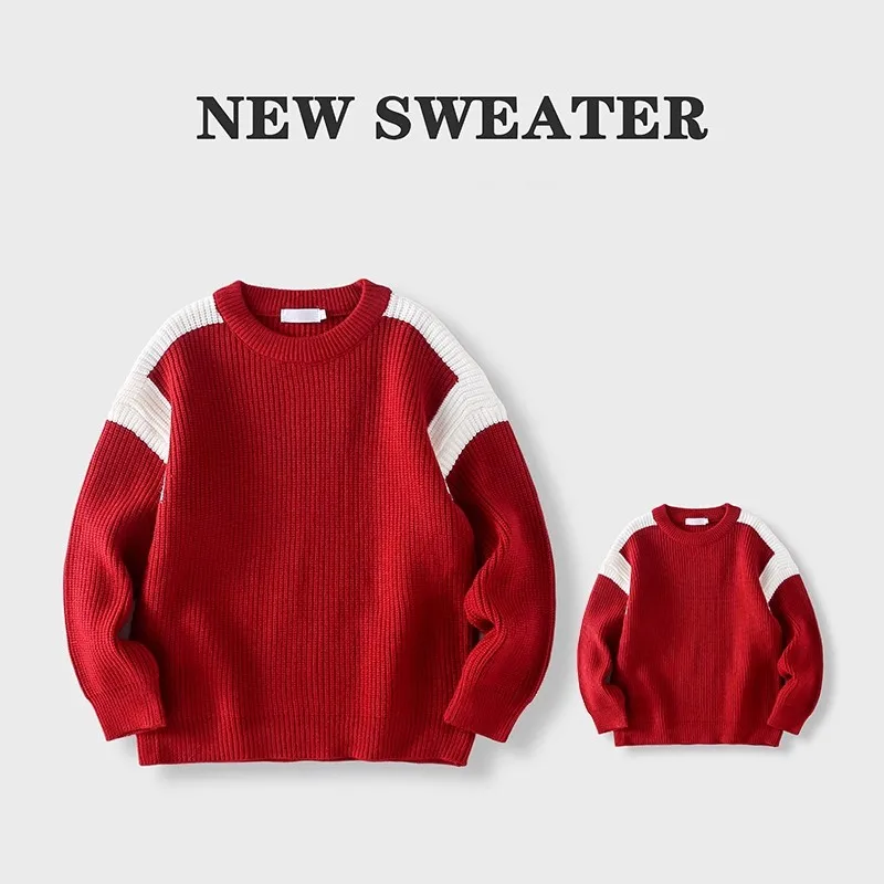 

Family Christmas Red Sweater Mother and Daughter Fashion Knitted Jumper New Year 2024 Father and Son Matching Knitwear Pullover