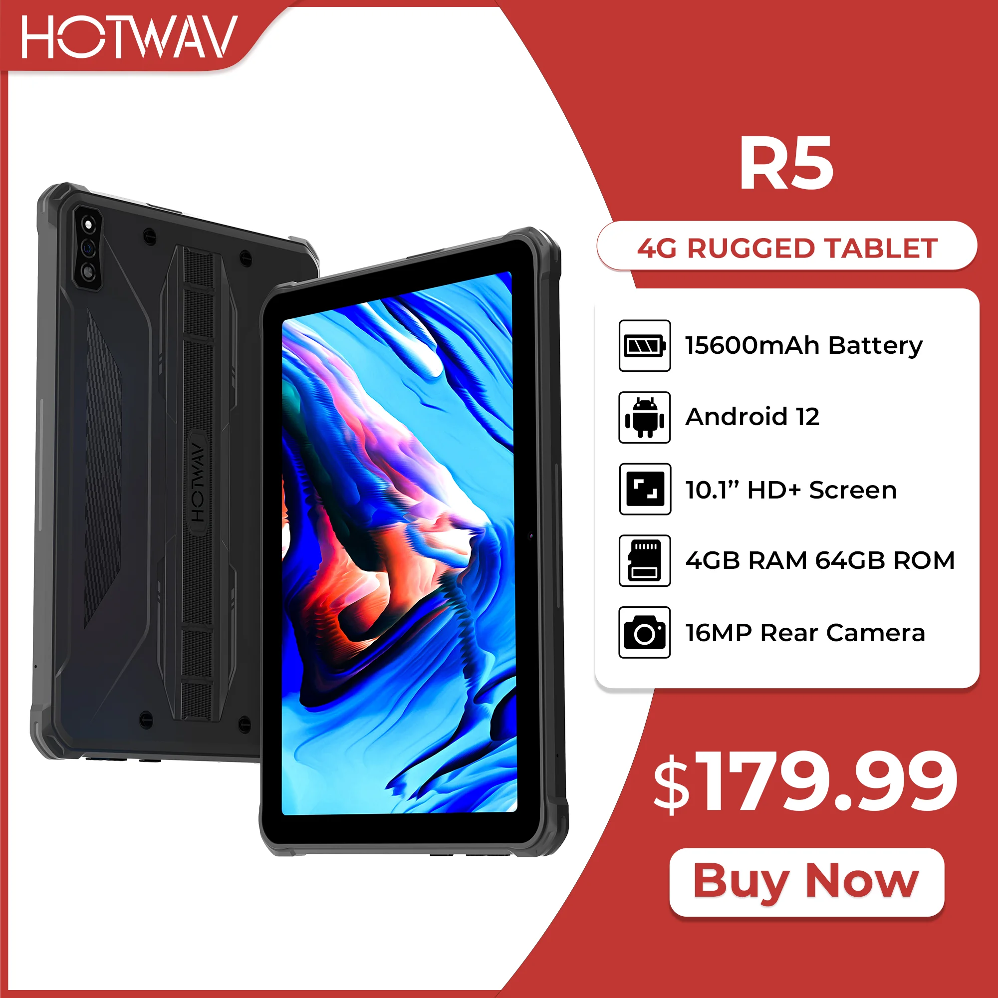 HOTWAV R5 Rugged Tablet 15600mAh Android 12 10.1 Inch HD+ Pad 4GB 64GB Octa Core 16MP Dual SIM GPS Global Version Tablets PC