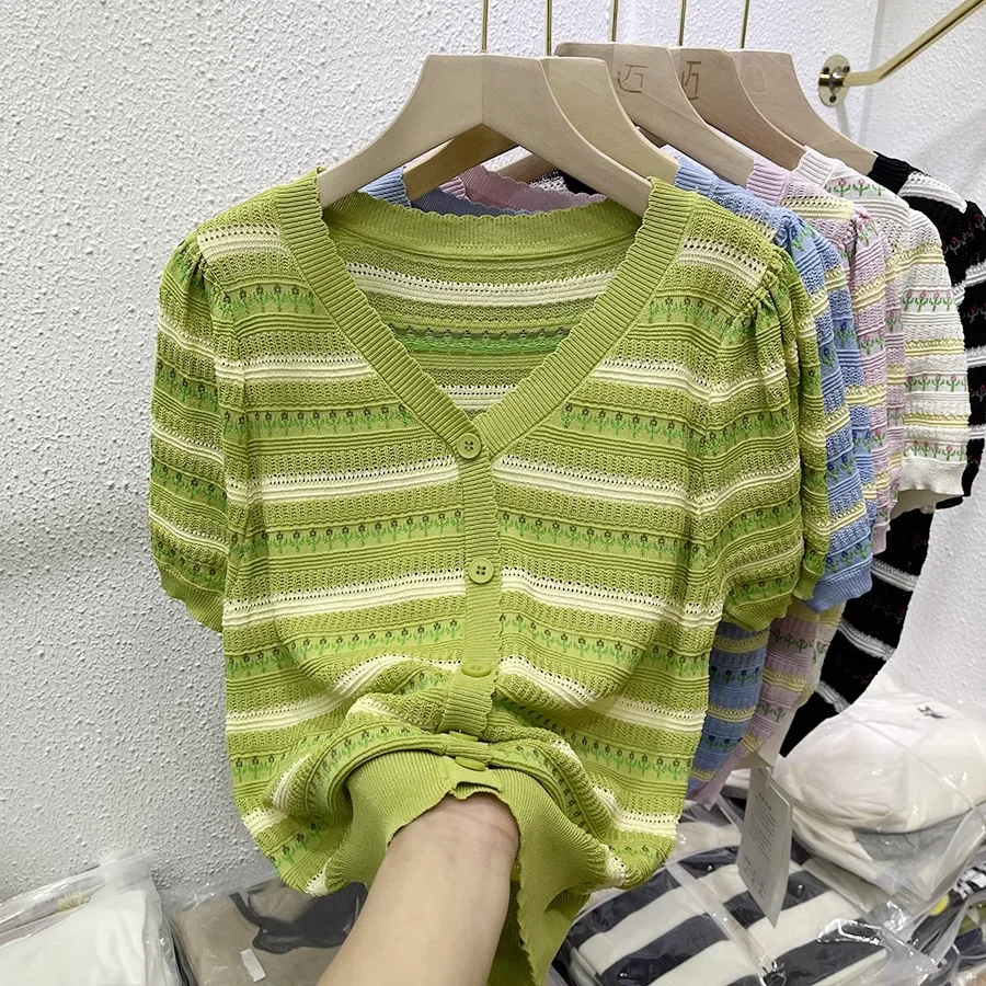 

Women Vintage Embroidery Striped Ice Silk Knitted T-shirt Summer Short Sleeve Design Chic Hollow Out V Neck Loose Pullover Tops