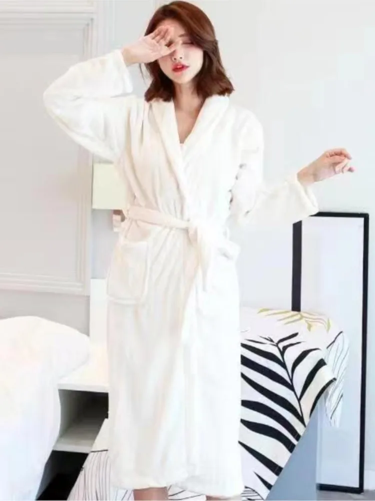 Women Men Kimono Bathrobe Gown Nightdress 2023 Autumn Winter Thick Warm Coral Fleece Nightgown Sleepwear Soft Flannel Robe Home