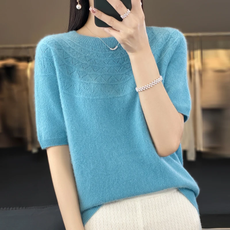 

Pullover Women's Top T-shirt Summer Hollow Knit 100% Wool O-Neck Women's Short Sleeve Sweater Loose and Comfortable Hot Sale