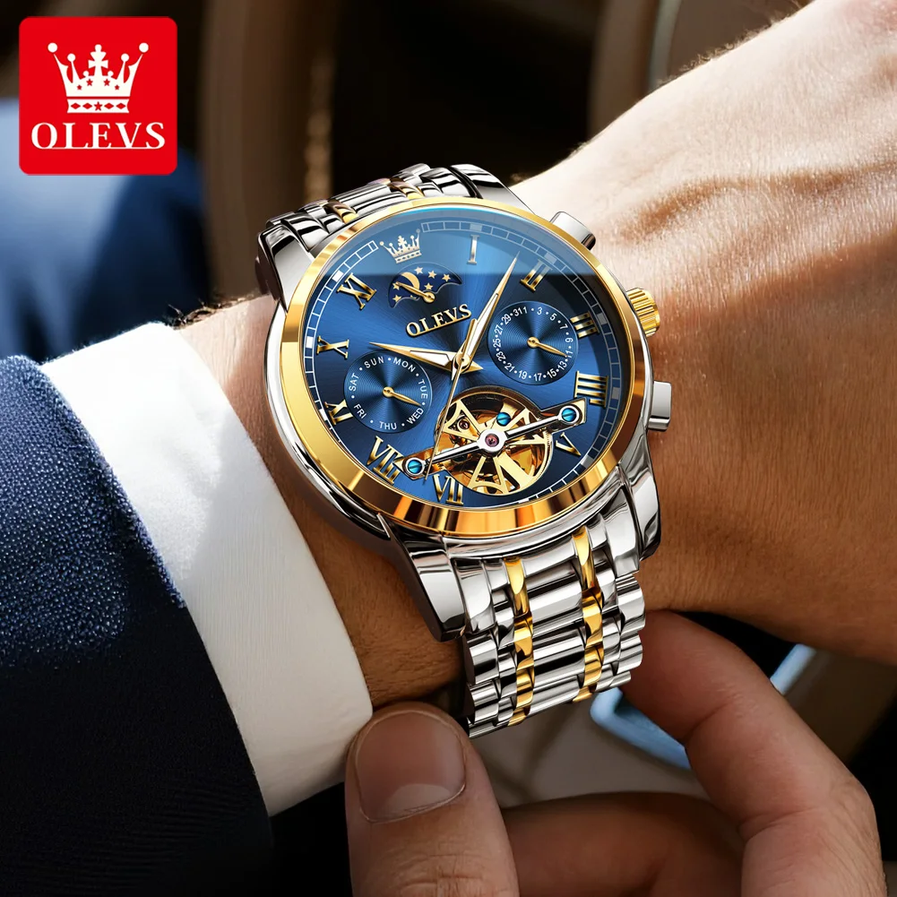 6617 OLEVS Mens Watch Luxury Skeleton Automatic Mechanical Watch﻿ Waterproof Luminous Dual Calendar Moon Phase Watches for Man