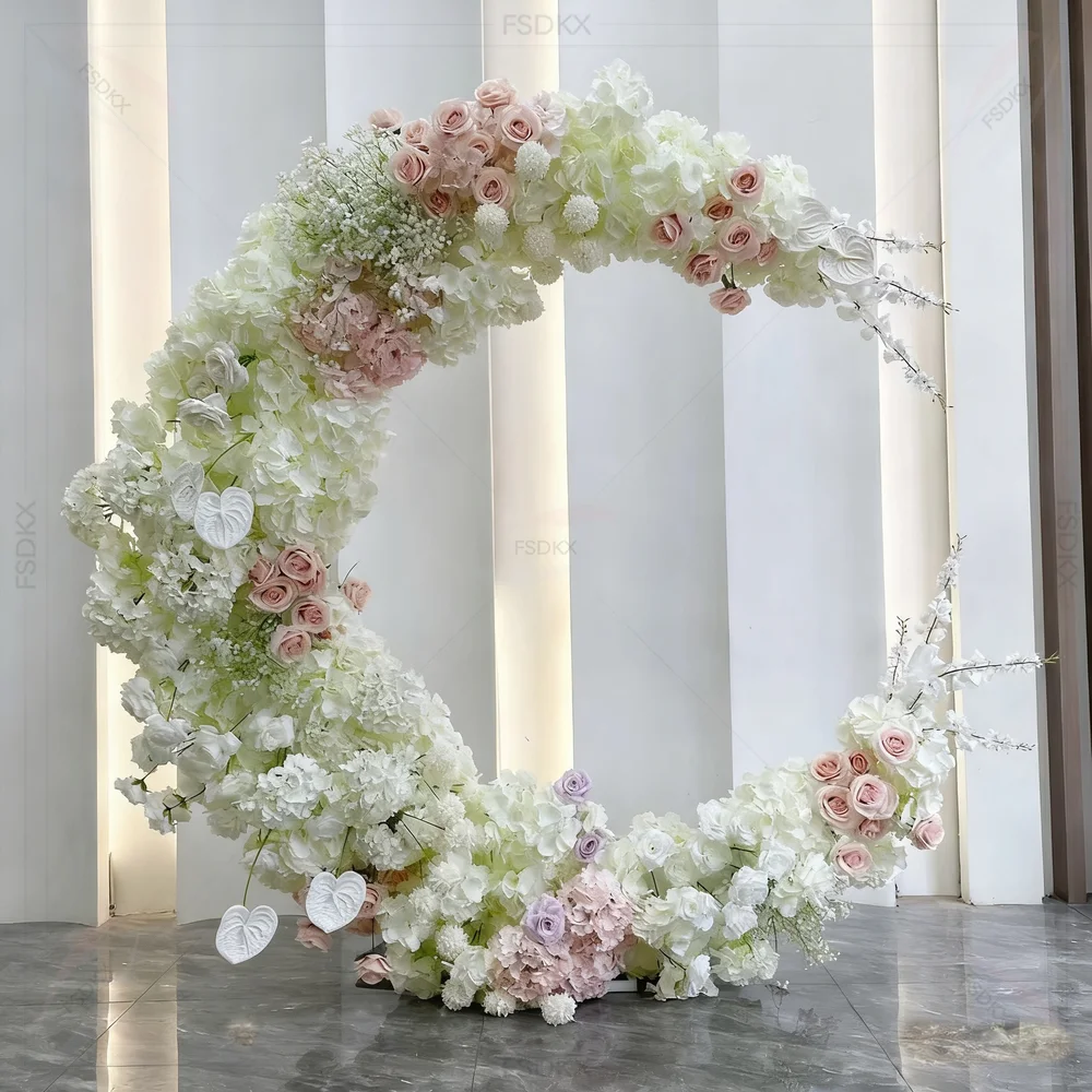 

Custom Fake Floral pink Silk Flowers Half Moon Arch Background Stage Decoration Wedding Artificial Flower Moon Wall