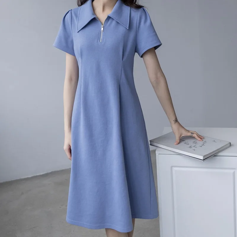 

Simplicity Office Lady Summer Women's POLO Collar Solid Shirring Corset Half Zipper Fashion Casual Short Sleeve A-line Dresses