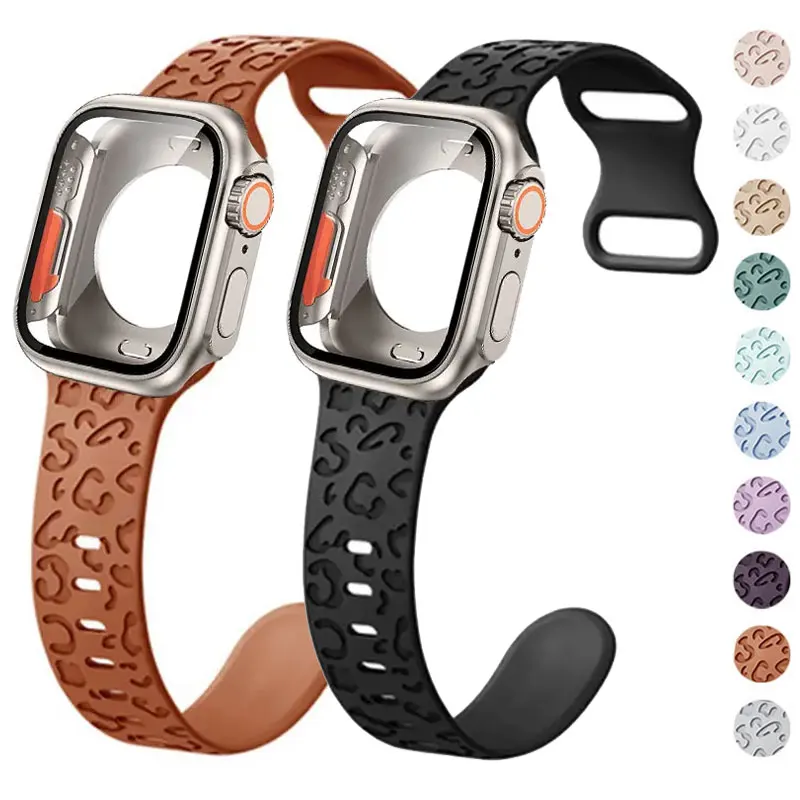 

Leopard Silicone Strap For Apple Watch 9 8 Band 40mm 41mm 44mm 45mm iWatch Case 7 SE 6 5 4 3 Tempered Cover Change To Ultra