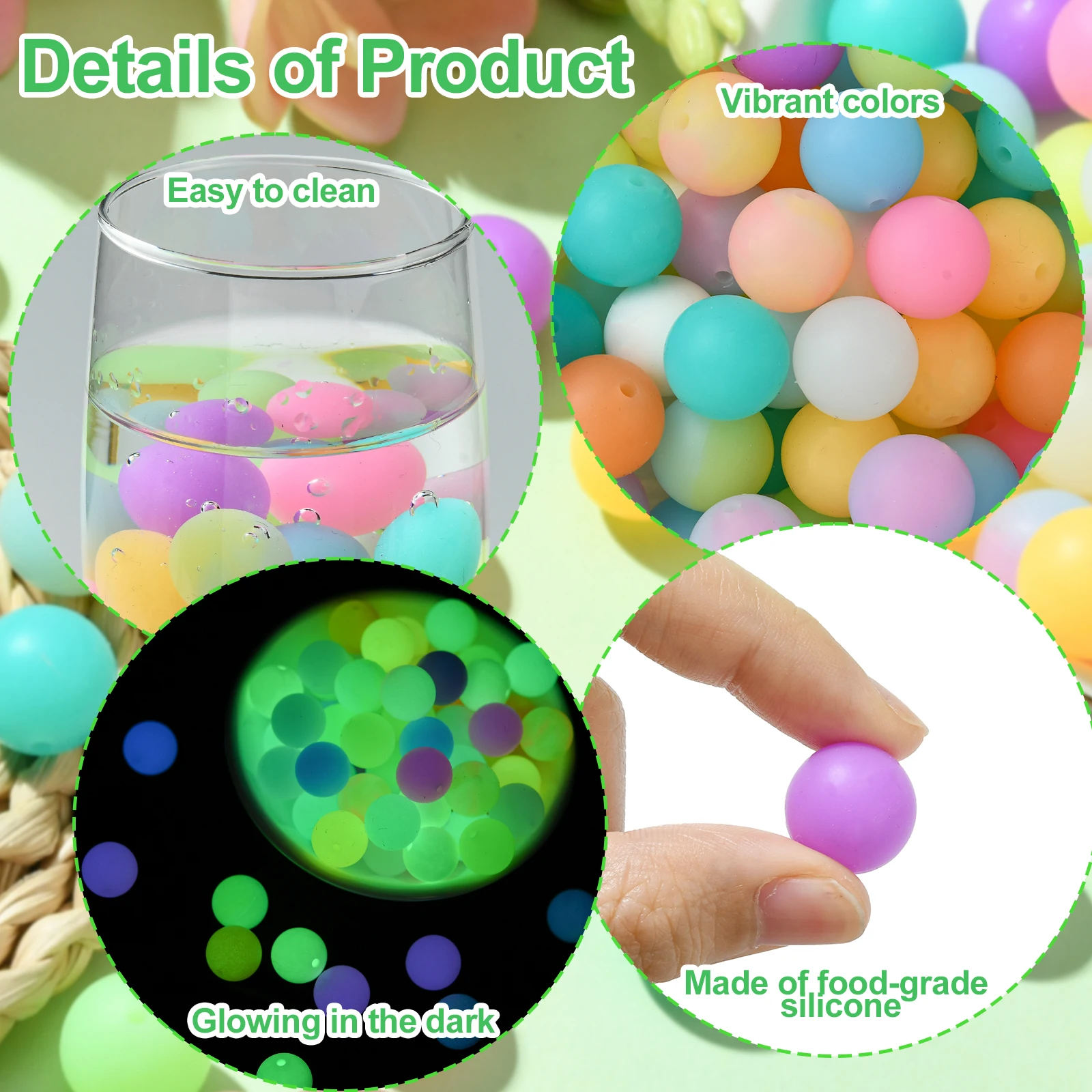 PandaHall 100 Stück Zufällige 15mm Im Dunkeln Leuchtende Silikonperlen Bunte Leuchtende Runde Bubblegum-Perlen für DIY-Bastelarbeiten – Detail 3