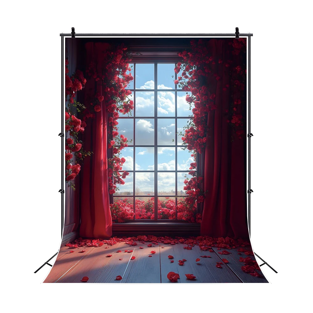 Red Rose Flower Wedding Bride Backdrop Photography Vintage Window Baby Shower Portrait Photo Photographic Anniversary Background