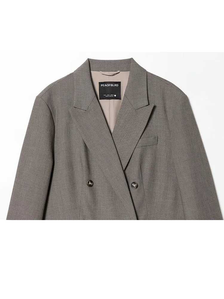 HH Vrouwen Effen Blazer Pak Elegante Revers Double-Breasted Lange Mouwen Jasje + Rits Mid-Taille knop Winter Wijde Pijpen Broek