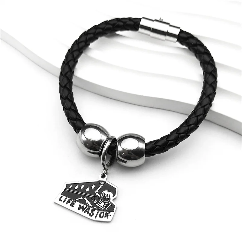 

Skull LIFE WAS OK Pendant Bracelet for Women Men PU Leather Silver Color Halloween Hand Chain Jewelry Gift
