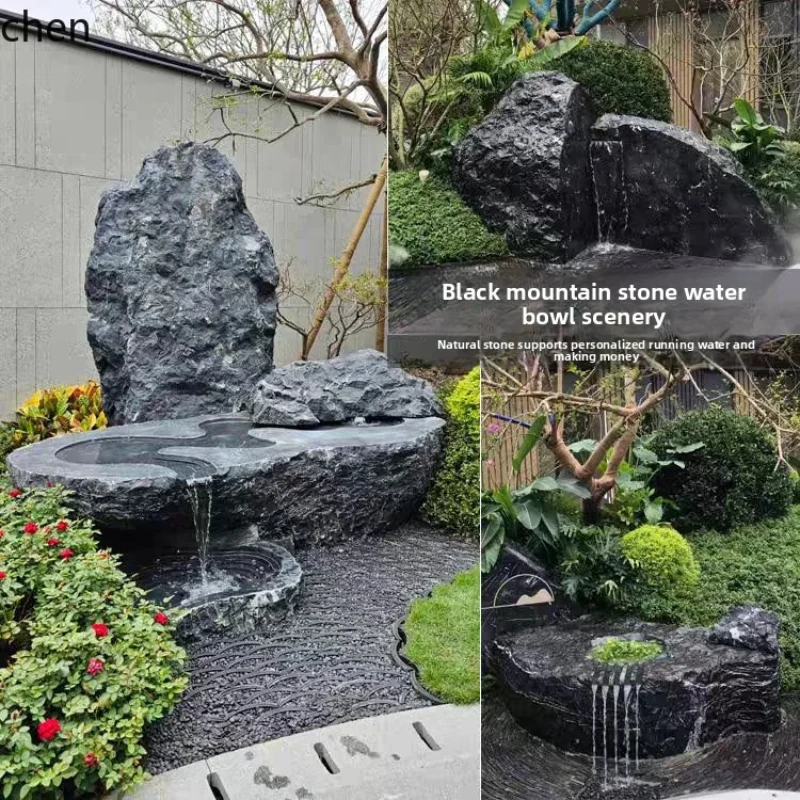 L20- Black Mountain Stone Water Bowl Fake Mountain Water Courtyard Landscape Stone Natural Raw Stone Fish Pond