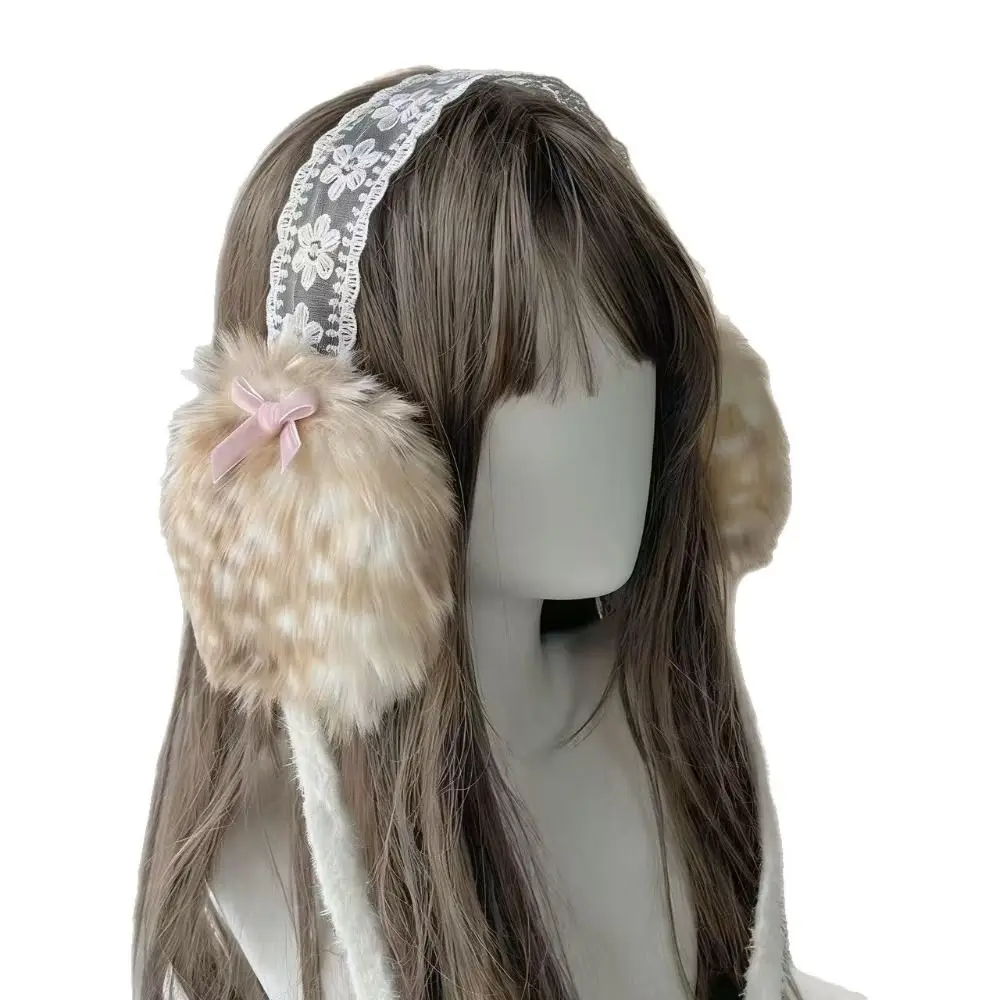 Soft Ear Cap Winter Earmuffs Lace Design Windproof Feature Cold Proof Earmuffs Lace Headband Adjustable Tie Fluffy Earmuffs