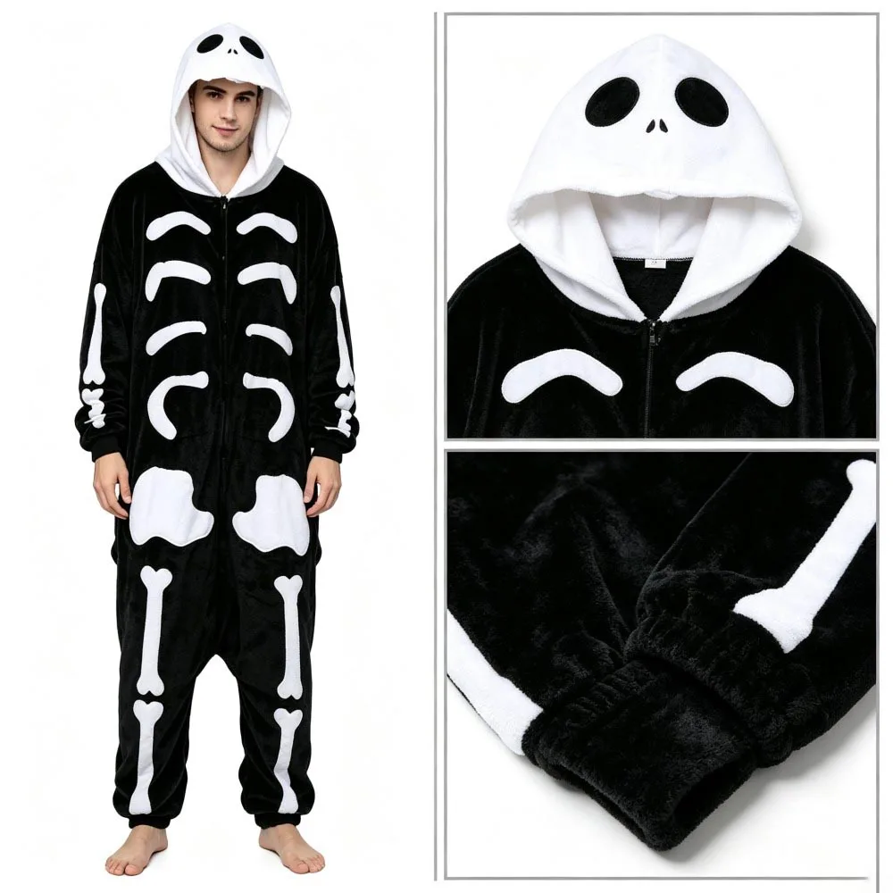 Halloween Cosplay Costume Winter Flannel Men's Oneises Skeleton Pumpkin Unicorn Hooded Jumpsuit Overalls Pajamas Sleepwear Home