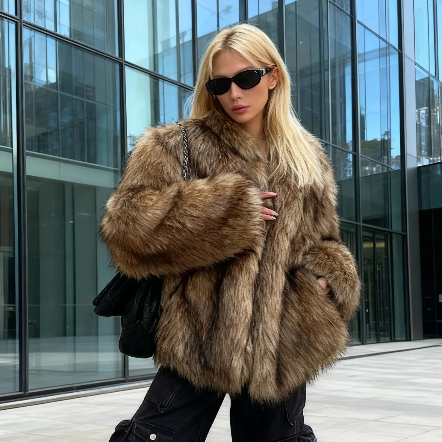 

Long Faux Fur Coat Women punk gothic Autumn Winter Large Jacket Overcoat White Loose Pockets Thick Coat Warm Jackets Maxi Coats