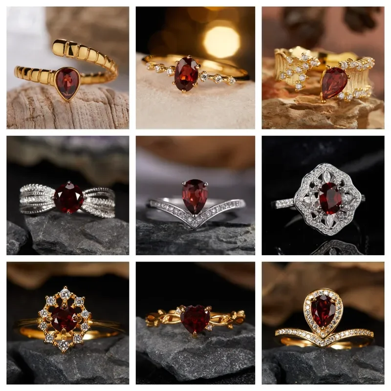 S925 Sterling Silver Plated 18K Natural Garnet Color Treasure Middle Index Finger Ring Premium Ins Niche Jewelry Wholesale