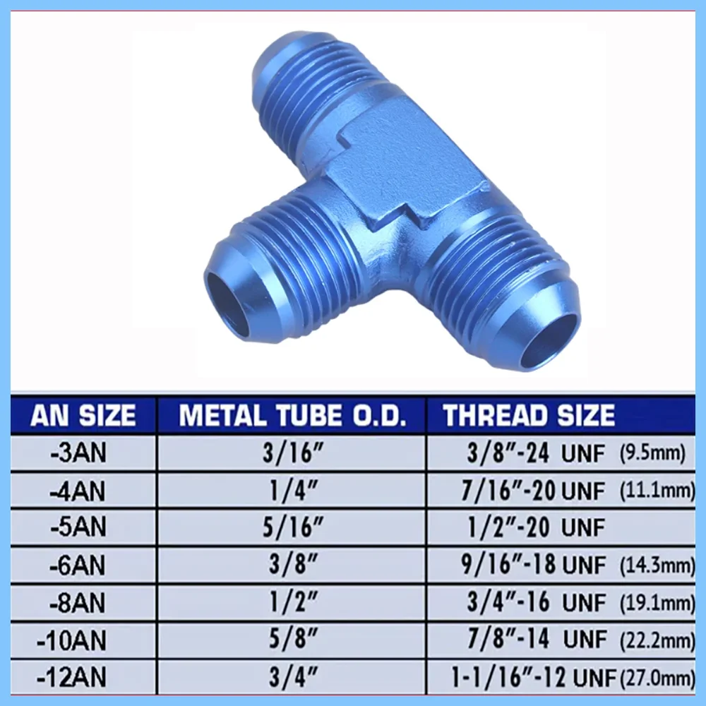 Aluminum Alloy AN3/4/6/8/10/12 Flare Tee T Piece 3-Way Adaptor Fit all Oil / Turbo Fuel Line / Rail Pump Injector Fitting Blue