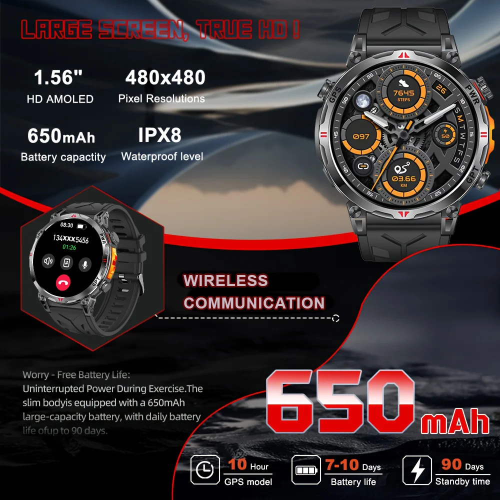 2026 New Built-in 650mAh Super Large Battery Men Smart Watch Outdoor 1.56