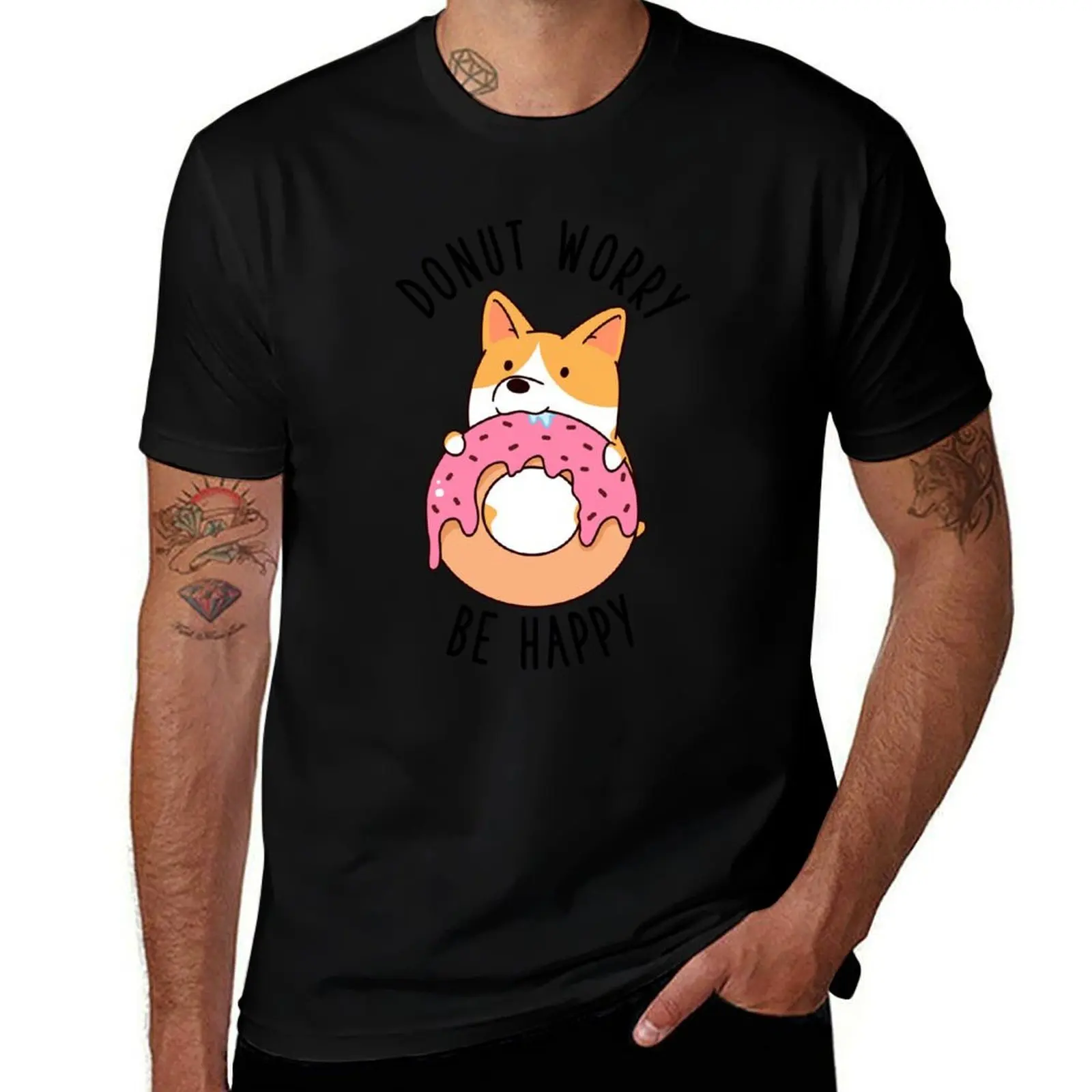 

Donut Worry Be Happy Corgi T-Shirt cotton t shirts high quality graphic t shirts for man cotton t shirts man 100% T-Shirt
