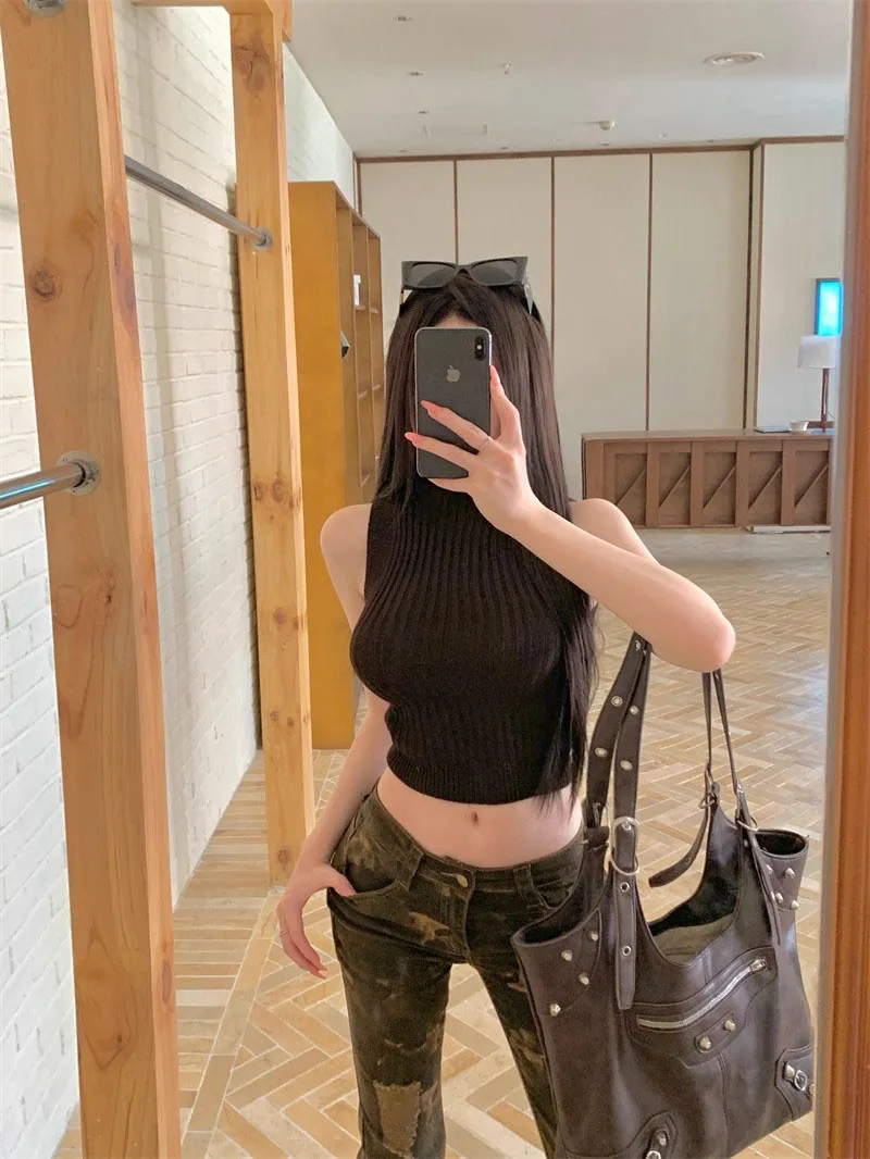 Dopasowany sweter damski z dzianiny, top z wysokim kołnierzem, gładki, uniwersalny, modny, nowość na jesień.