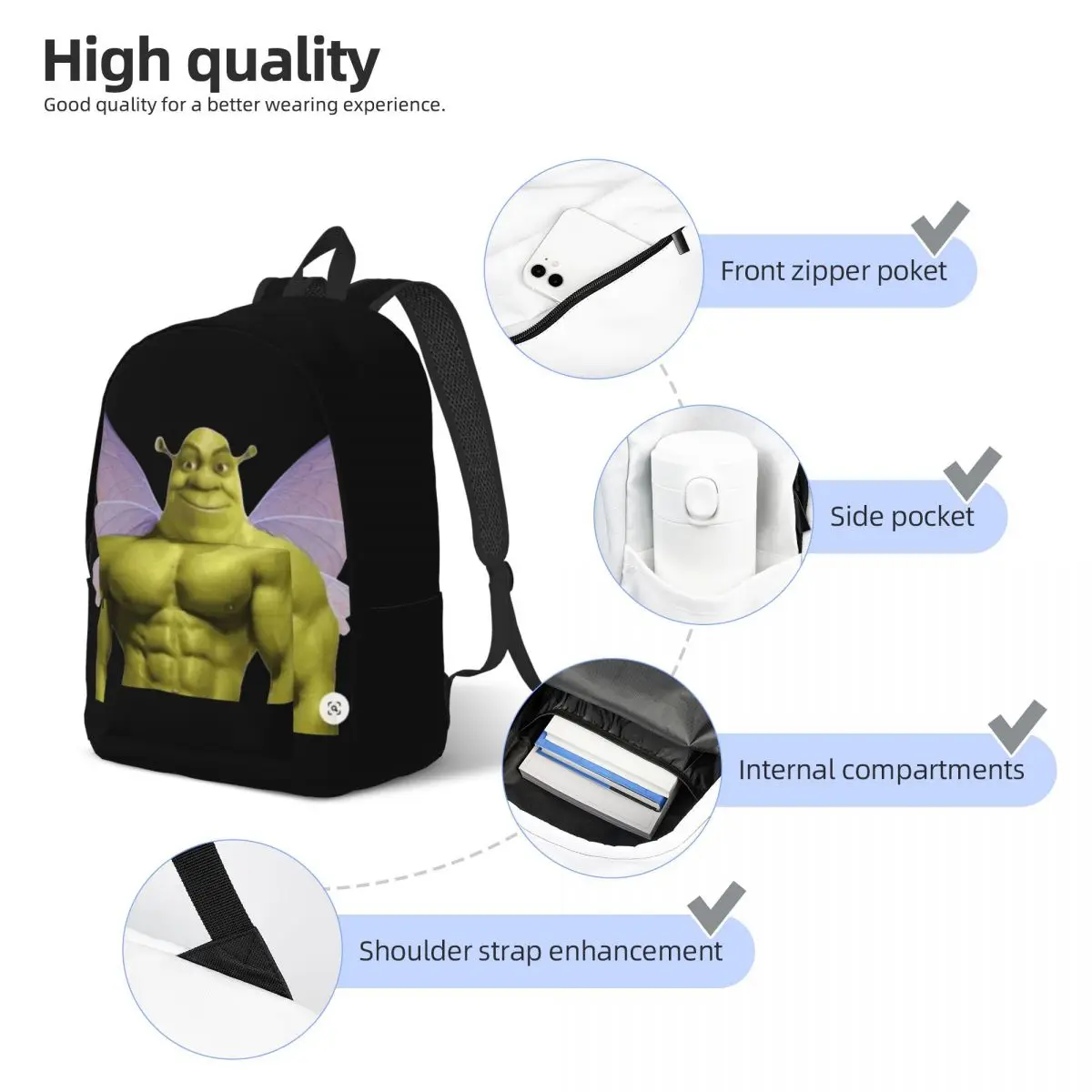 Funny Shreks Meme Backpack for Men Women Cool High School Work Daypack Shreks Butterfly Laptop Computer Shoulder Bag Outdoor