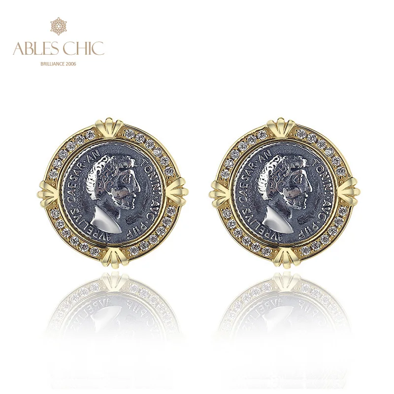 Ables Chic Marcus Aurelius Greek Coins Solid 925 Silver Roman Coin CZ Paved Halo Stud Earrings E1010