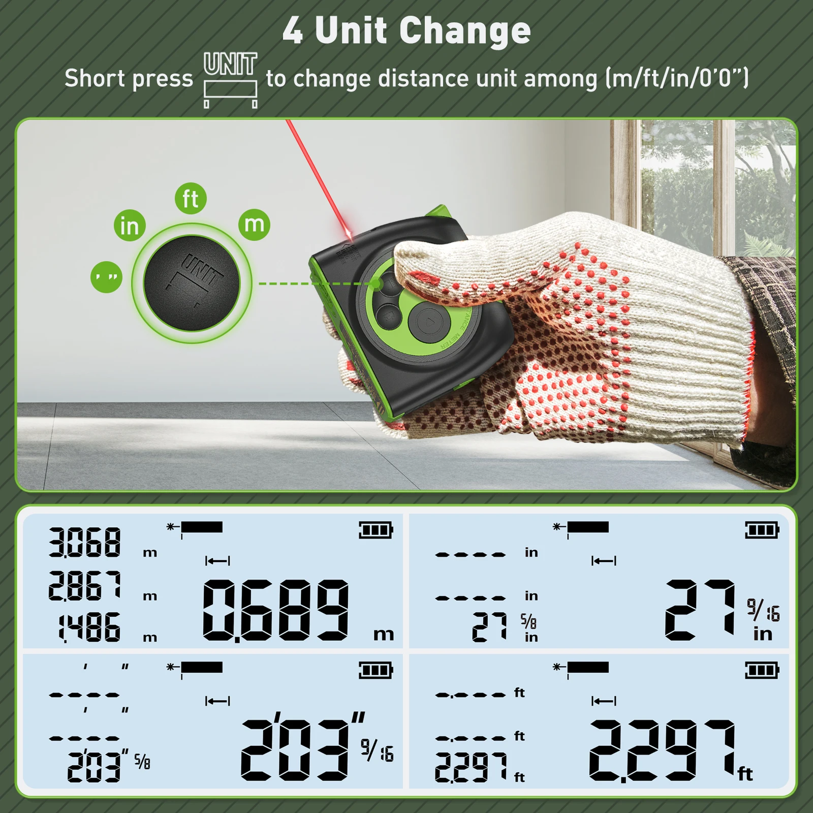 Huepar DT30 Digital 60M 197ft Laser Measuring 2-in-1 Tape Measure With Measurement LCD Display Inch / Cm Scalable Distance Meter