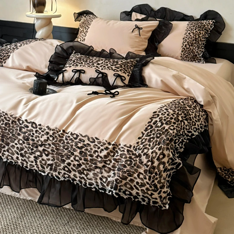 Bedroom Retro Style Leopard Print Long Staple Cotton Four Piece Set Pure Cotton Lace Duvet Cover Bed Sheet High-end Bedding