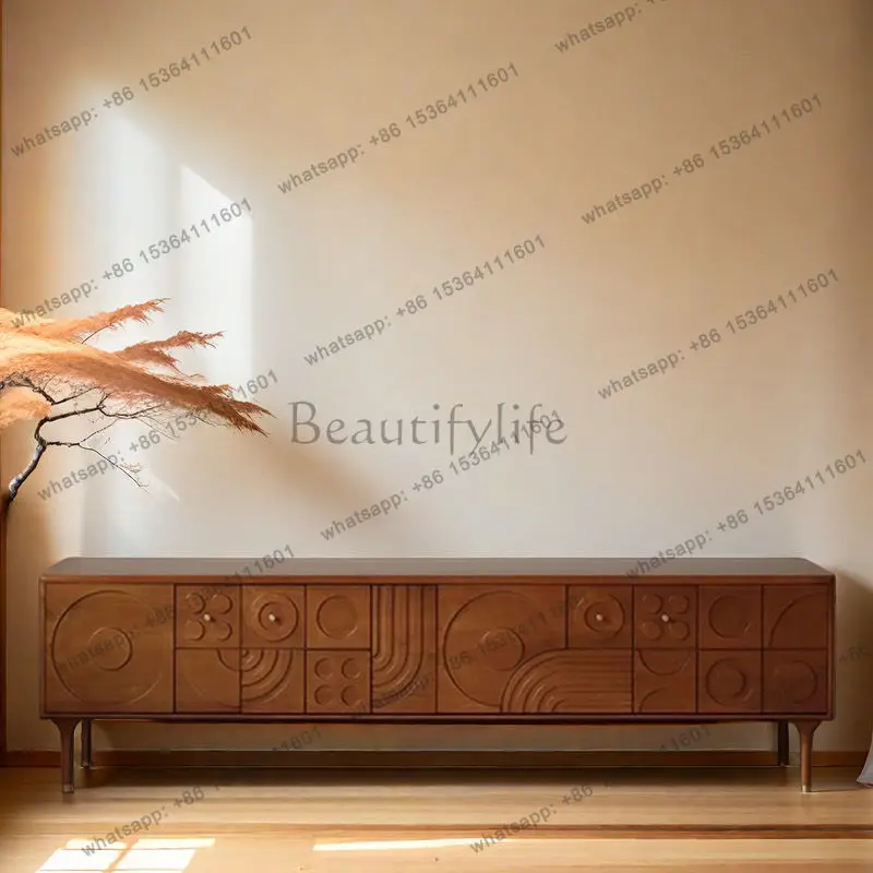 Factory Direct Sales Nordic Solid Wood TV Cabinet Expression Retro Carved Floor Cabinet Small Apartment Living Room Antique Stor