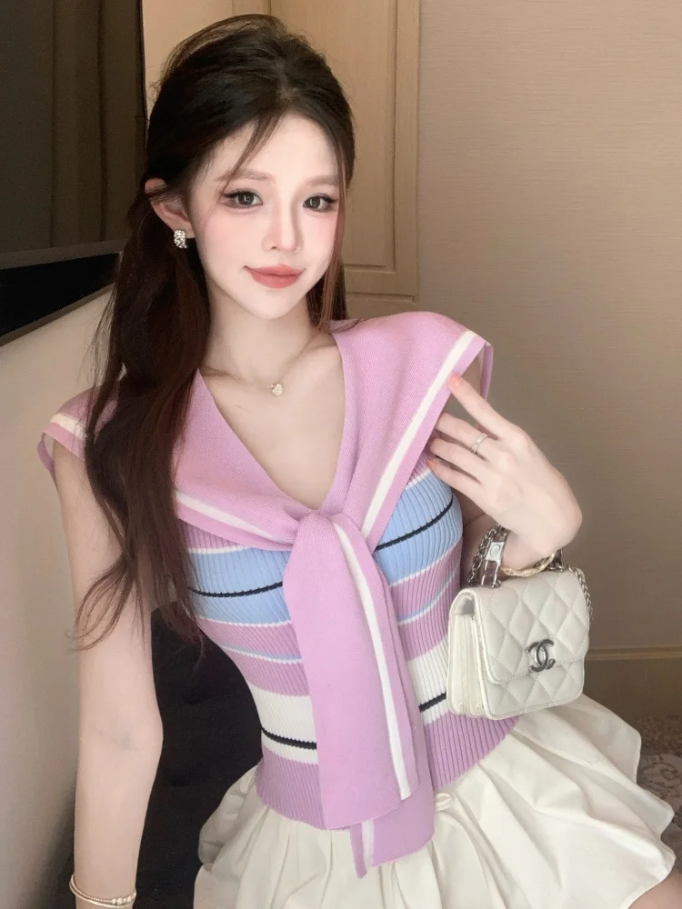 

Naval Collar Short Top Women's Striped Color Block Design Sweet Spicy School Style Tie Tight Vest Casual Slim Fit Summer Tank...